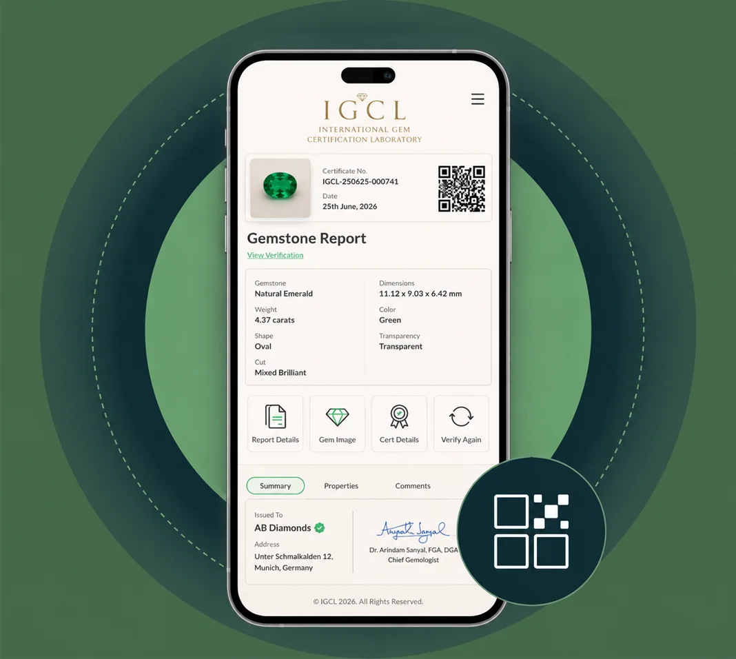 Gemstone certificate with QR code being scanned by a mobile phone