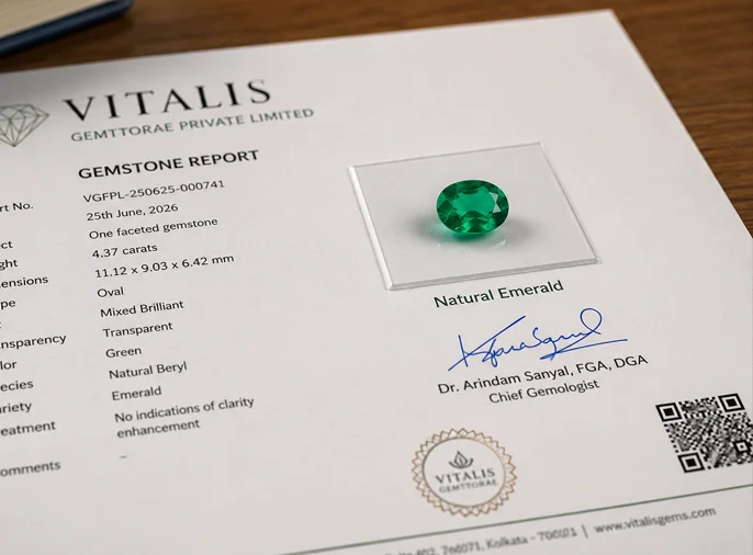 Gemstone certificate with QR code for online verification